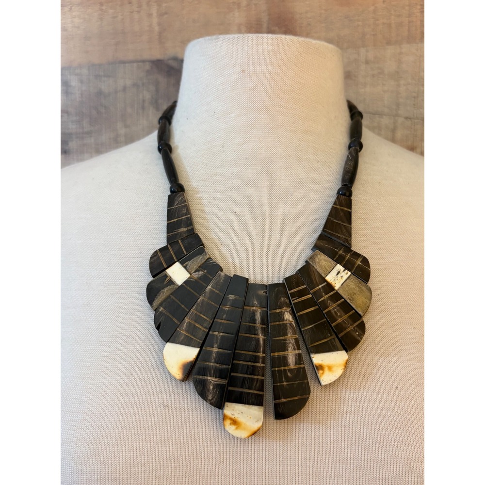 Vintage Style Handcrafted Wood Horn Bone Bib Statement Necklace Brown Cream
